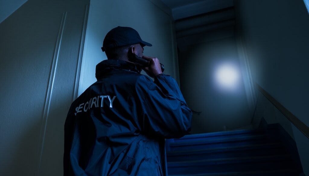 Night shift security investigating the halls of a business building.