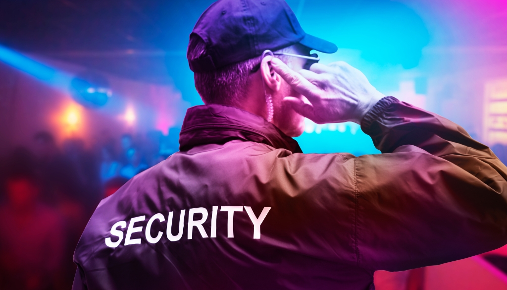 Enhancing Event Security: Key Tips For A Safe And Successful Summer Event Security guard listens to an earpiece at a concert venue.