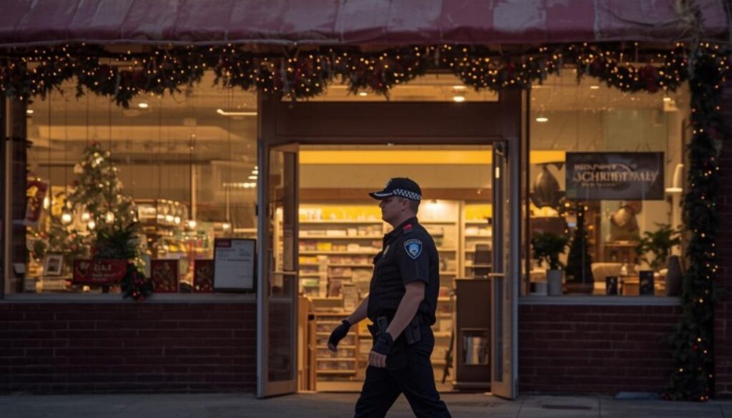 Security guard monitoring a festive retail store decorated for the holiday season.