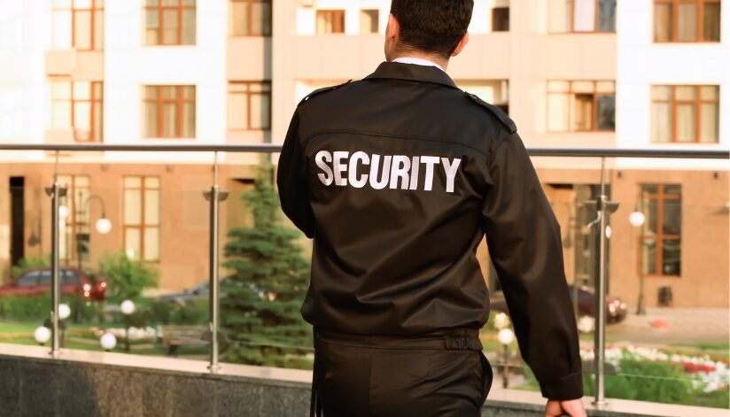 Security Guard faces away from lens, looking over a glass balcony towards green plants.