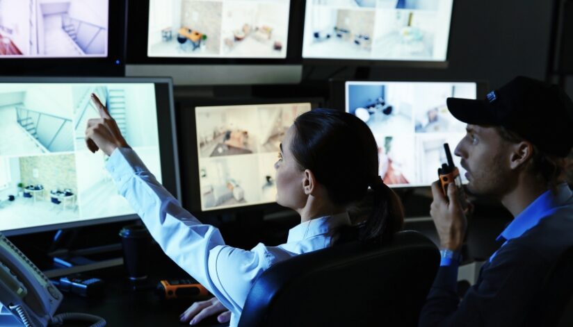 Two people look at screens with surveillance footage. The woman on the left points at a screen while the man on the right speaks into a walkie-talkie.