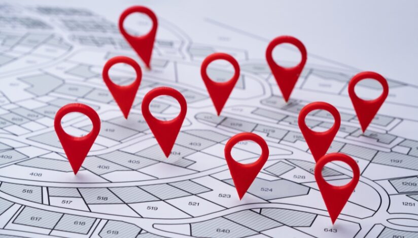 Sectioned map with Red Pins in various locations.