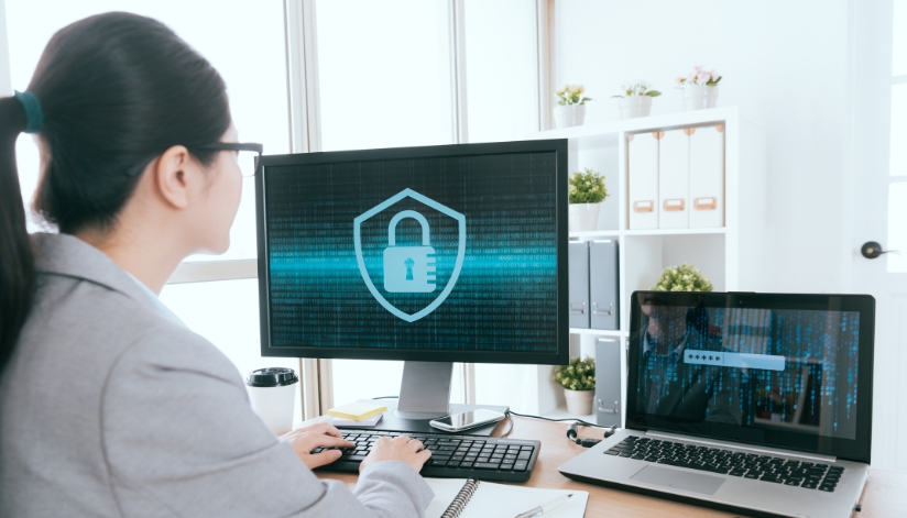 Woman protects personal information by using a locked browser.