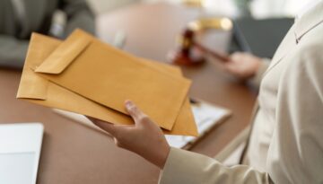 Female process server completes the delivery of legal documents in manilla envelopes.