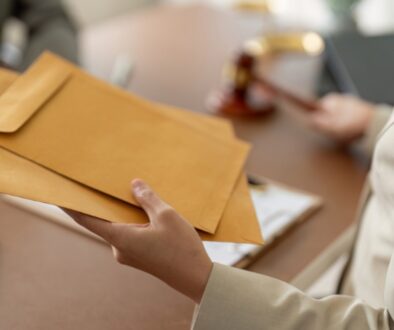 Female process server completes the delivery of legal documents in manilla envelopes.