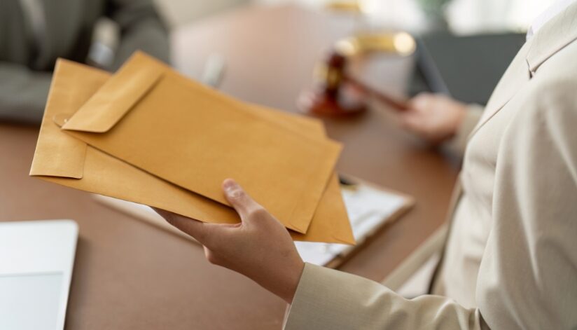 Female process server completes the delivery of legal documents in manilla envelopes.