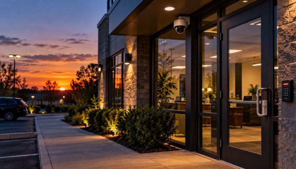Modern business entrance at sunset with exterior lighting, security camera, and keypad access system.