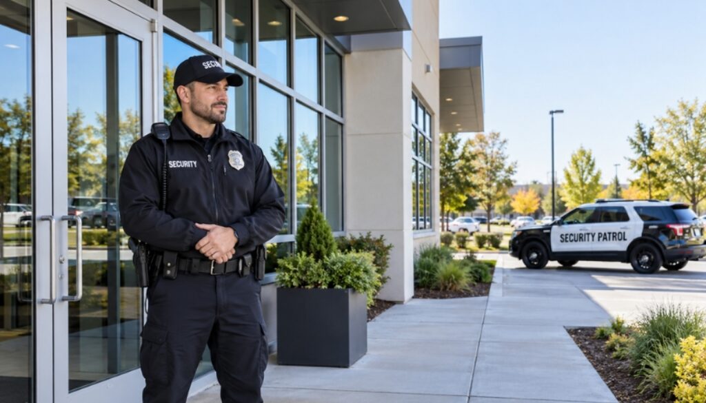 Professional security guard standing near the entrance of a modern commercial property, with a marked security patrol vehicle visible in the background.