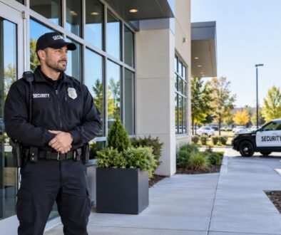 Professional security guard standing near the entrance of a modern commercial property, with a marked security patrol vehicle visible in the background.